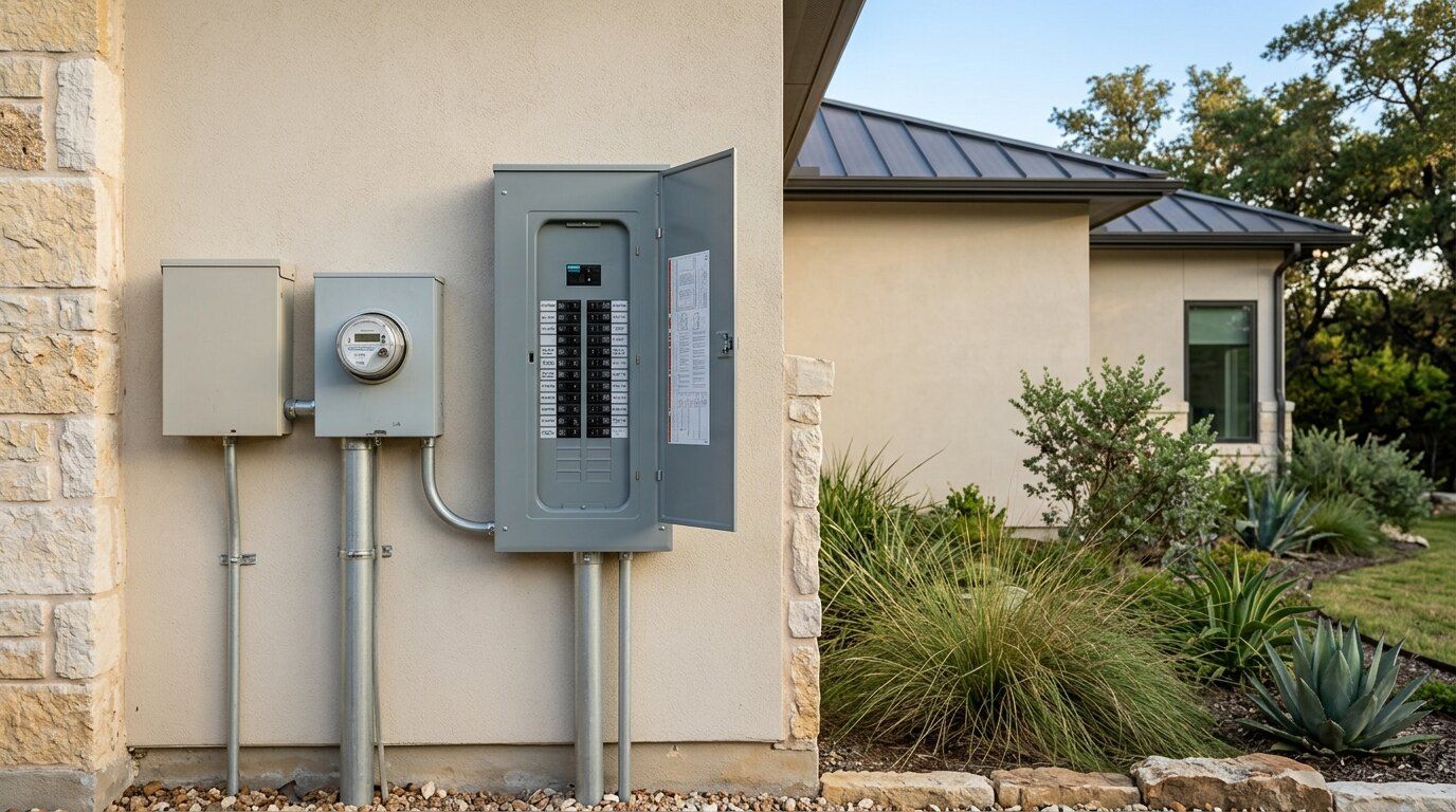 Modern 200 amp residential electrical service panel and meter loop on a San Antonio home