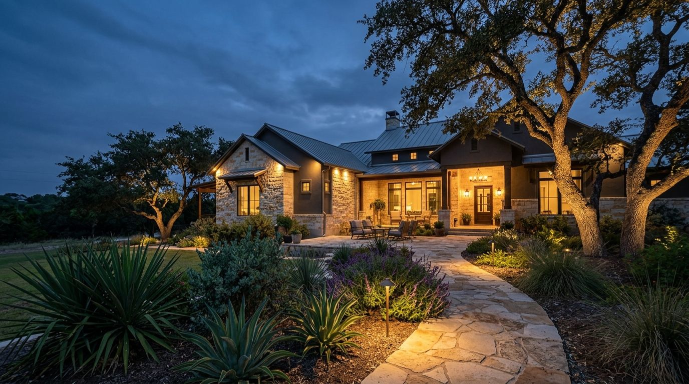 Landscape lighting along a San Antonio garden path at twilight
